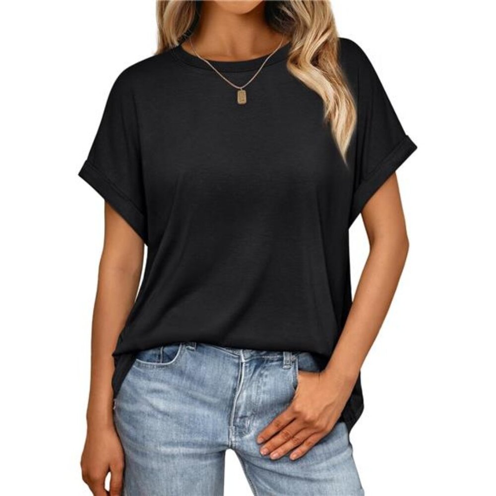 Women's Black‎ Summer Tops Oversized Short Sleeve Business Casual T Shirts